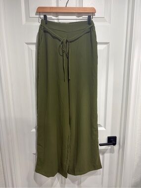 High Rise Olive Green Wide-Leg Elastic Tie-Waist Pants
